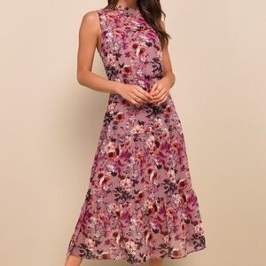 Lulus In My Dreams Mauve Floral Print Midi Dress Purple - Size L